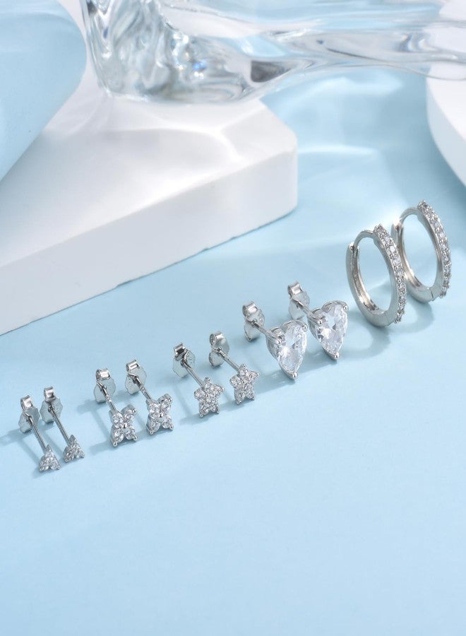 EPIRORA 925 Sterling Silver Stud Earrings Set for Women Men, Hypoallergenic Cubic Zirconia Flower Stud Cartilage Helix Earrings, 5 Pairs Different Sizes Silver Hoop Earring Studs Sets for Multiple Piercing - Image 4